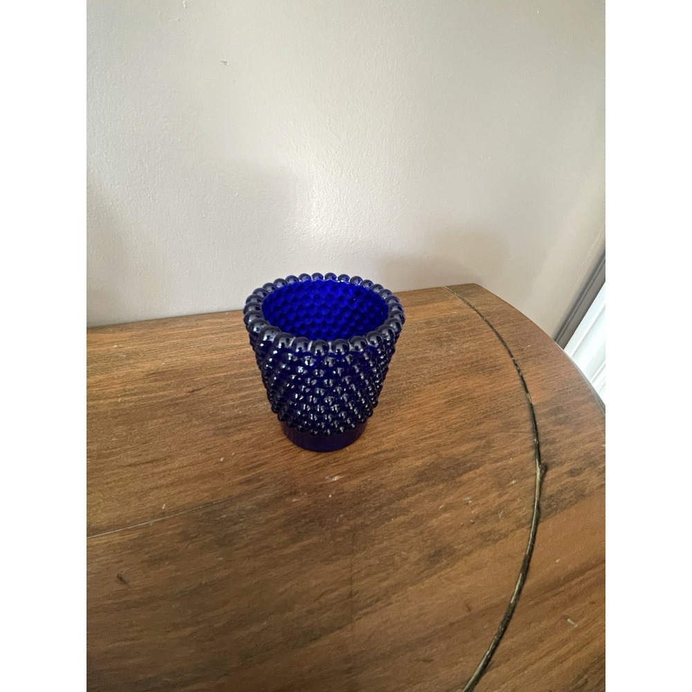 Unmarked Cobalt Blue Hobnail Textured Glass Vase, Small Decorative